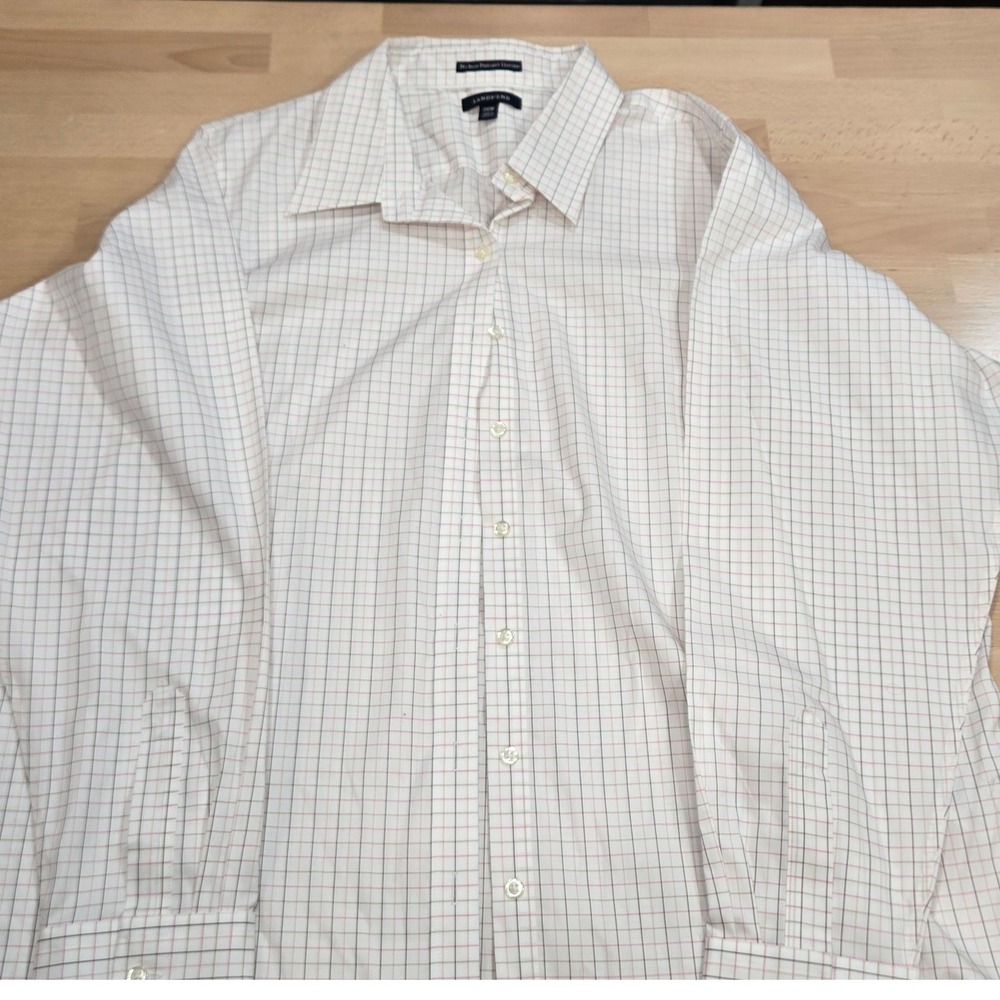 Lands End No Iron Pinpoint Oxford Dress Shirt Pink Brown Plaid Size 26W Classic
